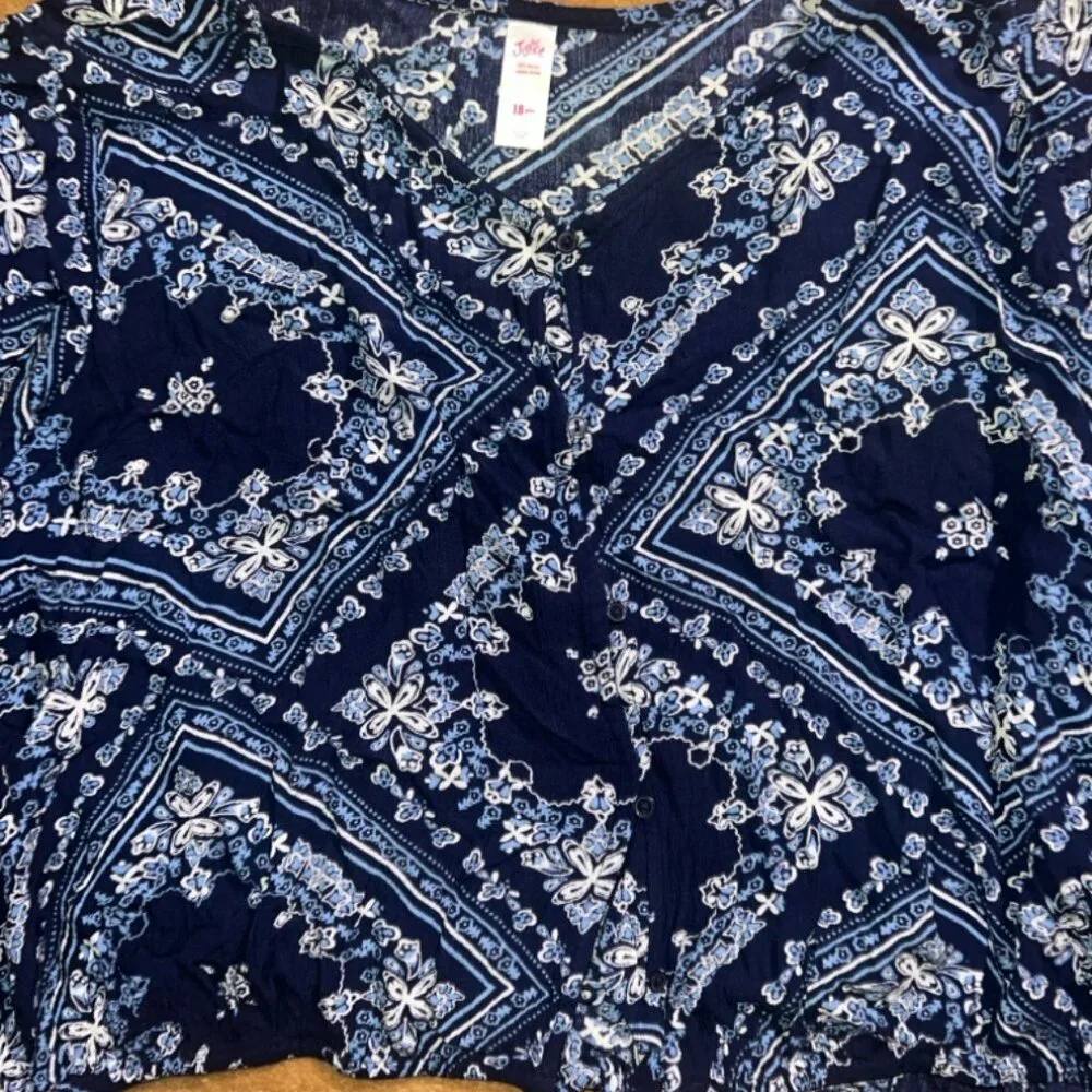 Justice Girls 18 Plus Blue Floral Long Bell Sleeve‎ Button Tie Hem Blouse Top